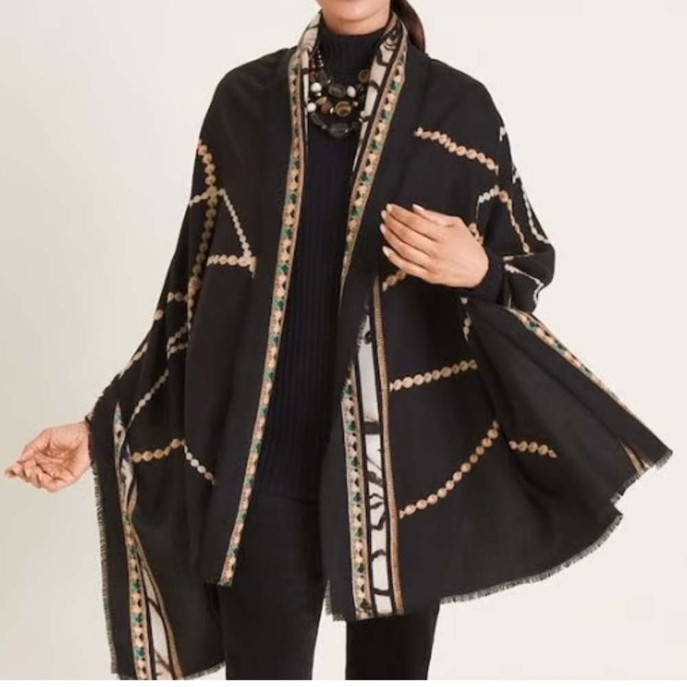 Chico's Stylish Black and Tan bead Pattern wrap  w/ matching pouch. NWT